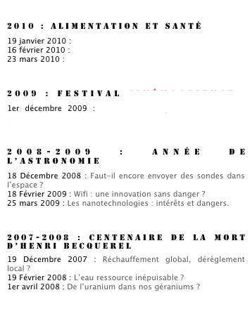 

2010 : alimentation et santé

19 janvier 2010 : « Labels bio : garantie ou marketing ? »
16 février 2010 : « Alicaments : santé ou publicité ? »
23 mars 2010 : « Alimentation : l’envers des étiquettes »



2009 : festival CinémaScience
1er décembre 2009 : « SIDA : les leçons de 20 ans de prévention »


2008-2009 : année de l’astronomie
18 Décembre 2008 : Faut-il encore envoyer des sondes dans l’espace ? 18 Février 2009 : Wifi : une innovation sans danger ?
25 mars 2009 : Les nanotechnologies : intérêts et dangers.



2007-2008 : centenaire de la mort d’Henri Becquerel
19 Décembre 2007 : Réchauffement global, dérèglement local ? 19 Février 2008 : L’eau ressource inépuisable ? 1er avril 2008 : De l’uranium dans nos géraniums ?